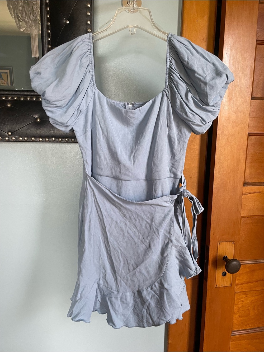 Trixxi Light Blue Puff-Sleeve Wrap Mini Dress